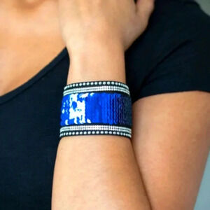 NWT Blue Sequins Rhinestones Black Suede Mermaid Urban Snap Unisex Brace…